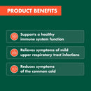 A dark green informational graphic titled 'PRODUCT BENEFITS' with three benefit points: supports a healthy immune system function, relieves symptoms of mild upper respiratory tract infections, and reduces symptoms of the common cold.