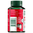 Supplement bottle with red label and green cap on a white background