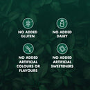 Four circular icons with text on a dark green leafy background: no added gluten, no added dairy, no added artificial colours or flavours, and no added artificial sweeteners.