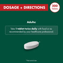 Dosage and directions for a medication with a tablet illustration on a green background.