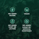 Certification icons for no added gluten, vegan, no added dairy or lactose, and no added sugar or artificial sweeteners on a leafy green background.