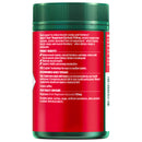 Supplement container with red label and green lid on a white background