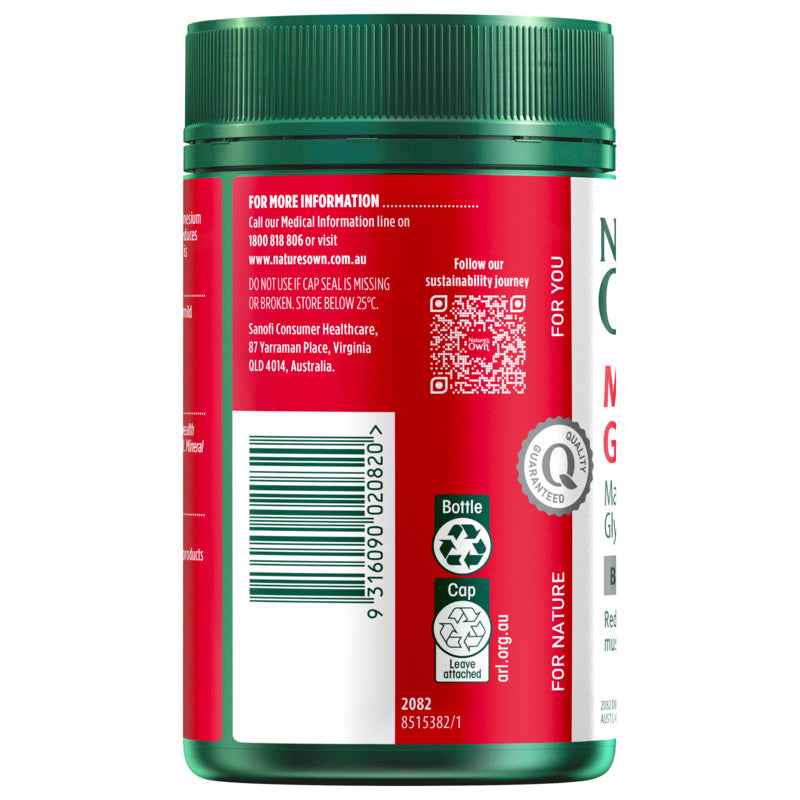 Back view of a green and red supplement bottle with labels and text.