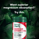 Nature's Own Magnesium Glycinate supplement bottle with green leaves in the background