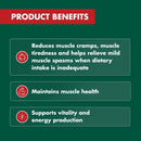 Product benefits listed on a green background with red accents