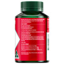 Supplement bottle with red label and green cap on a white background