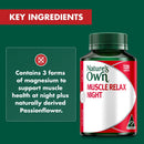 Nature's Own Muscle Relax Night supplement bottle with key ingredients text on a green background