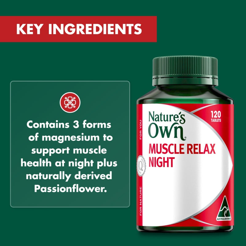 Nature's Own Muscle Relax Night supplement bottle with key ingredients text on a green background