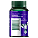 Back view of a supplement bottle with a purple label and green cap on a white background.