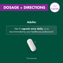 Dosage and directions for a capsule on a green background