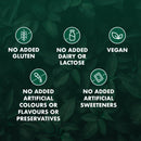 Certification icons for gluten-free, dairy-free, vegan, artificial color-free, flavor-free, and sweetener-free products on a green leafy background.