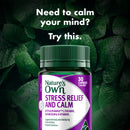 Nature's Own stress relief and calm supplement bottle with green leaves in the background