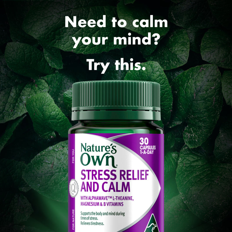 Nature's Own stress relief and calm supplement bottle with green leaves in the background