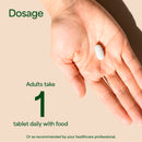 A hand holding a single white oval tablet on a beige background with text reading 'Dosage' and 'Adults take 1 tablet daily with food.'.