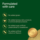A dark green informational graphic with the headline 'Formulated with care' and four bullet points with icons stating no added gluten, lactose, sugar, or artificial colors/flavors. A gold circular badge reading 'Naturopathic Expertise' appears in the lower right.