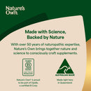 A promotional graphic for Nature's Own supplements with a cream-colored abstract shape on a dark green background. The text reads 'Made with Science, Backed by Nature' and includes a B Corp certification logo and an Australian Made badge.