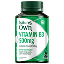 Nature's Own Vitamin B3 500mg dietary supplement bottle with 120 tablets, featuring a green and white label on a white background.