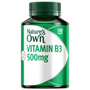 Nature's Own Vitamin B3 500mg dietary supplement bottle with 120 tablets, featuring a dark green bottle and cap with a white and green label.