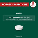 Dosage and directions for a medication with a tablet illustration on a green background
