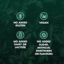 Certification icons for no added gluten, vegan, no added dairy or lactose, and no added sugar, artificial sweeteners or flavors on a leafy green background.