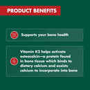 Product benefits text on a green background with vitamin K2 icons.