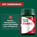 Nature's Own Vitamin K2 supplement bottle with key ingredients text on a green background