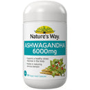 Nature's Way Ashwagandha 6000mg supplement bottle, 50 vegan hard capsules, on a white background.