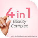 A hand holding a white beauty capsule against a soft pink background with large text reading '4 in 1 Beauty Complex' and smaller text at the bottom advising to read the label and follow directions for use.