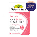Nature's Way Beauty Hair, Scalp, Skin & Nails supplement package with award badge on a white background