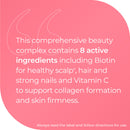 A pink informational graphic with white text describing a beauty complex and its 8 active ingredients, including Biotin and Vitamin C, with a large quote-style icon on a coral pink background.