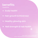 A pink graphic with white text listing benefits: supports scalp health, hair growth and thickness, healthy glowing skin, and nail strength & hair health.