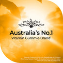 Vitamin gummy brand logo with a blurred gummy bear background