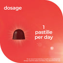 Red background with a pastille and text '1 pastille per day' on a dosagel label.
