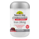 Nature's Way High Strength Adult Vita Gummies Iron 24mg dietary supplement bottle, 30 grape-flavoured pastilles, shown on a plain white background.