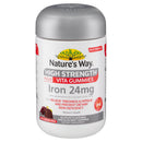 Nature's Way High Strength Adult Vita Gummies Iron 24mg dietary supplement in a white bottle with a silver cap, on a white background.