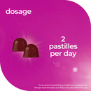 A pink and purple graphic with the brand name 'dosage' in white at the top left. Two dark brown dome-shaped pastilles are shown in the center-left with the text '2 pastilles per day' in white.