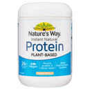 Nature's Way Instant Natural Protein Plant-Based powder in a white plastic tub with a blue and yellow label, vanilla flavor.