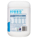 Back view of a protein powder container with nutritional information and branding details.
