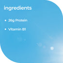 A blue graphic card with rounded corners displaying the ingredients list in white text: 'ingredients' at the top, followed by '26g Protein' and 'Vitamin B1' with bullet points.