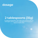 Blue informational graphic with white text reading 'dosage' and '2 tablespoons (35g) in a glass and add 250mL skim milk or your choice of milk, stir thoroughly until the powder is fully dissolved and you have a delicious healthy drink.'.