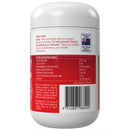 The back of a white plastic supplement bottle with a red and white label, showing directions, ingredients, and a barcode on a white background.