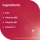 A red graphic with the heading 'ingredients' and a bulleted list reading Iron, Vitamin B12, Vitamin B6, and Vitamin C. Small text at the bottom says, 'Always read the label and follow the directions for use.