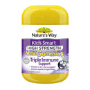 Nature's Way Kids Smart High Strength Vita Gummies Triple Immune Support in a yellow plastic bottle with a white and purple label.