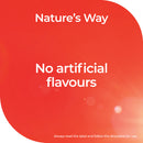A red and orange graphic with white text reading 'Nature's Way' and 'No artificial flavours', plus small text at the bottom saying 'Always read the label and follow the directions for use.'.