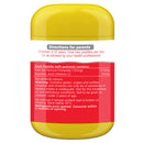 A yellow capsule-shaped bottle of pastilles with a white and red label showing directions and ingredients, isolated on a white background.