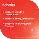 A red graphic with the heading 'benefits' and three bullet points listing: 'Supports growth & development', 'Supports energy production', and 'Supports immune system function'. Small usage text appears at the bottom right.