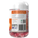 Container of pink gummy bears with a label on a white background