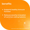An orange graphic with the heading 'benefits' and bullet points stating it supports healthy immune function and reduces severity and duration of common cold symptoms. Small usage text appears at the bottom right.
