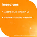An orange graphic with the heading 'ingredients' and bullet points listing 'Ascorbic Acid (Vitamin C)' and 'Sodium Ascorbate (Vitamin C)'.