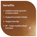 A brown rounded-corner graphic with the heading 'benefits' and four white bullet points listing advantages: assists muscle growth and tissue repair, supports protein intake, is vegan friendly, and B1 helps healthy heart function.